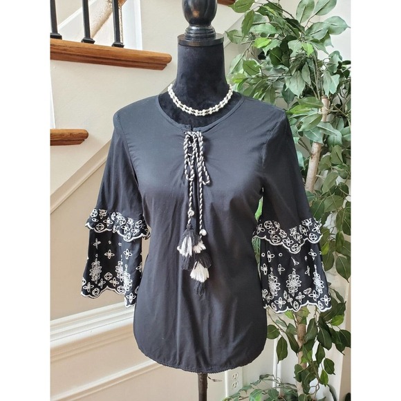 A.n.a Womens Black Solid Long Sleeve Round Neck Drawstring Blouse Top Size XS - Picture 1 of 13